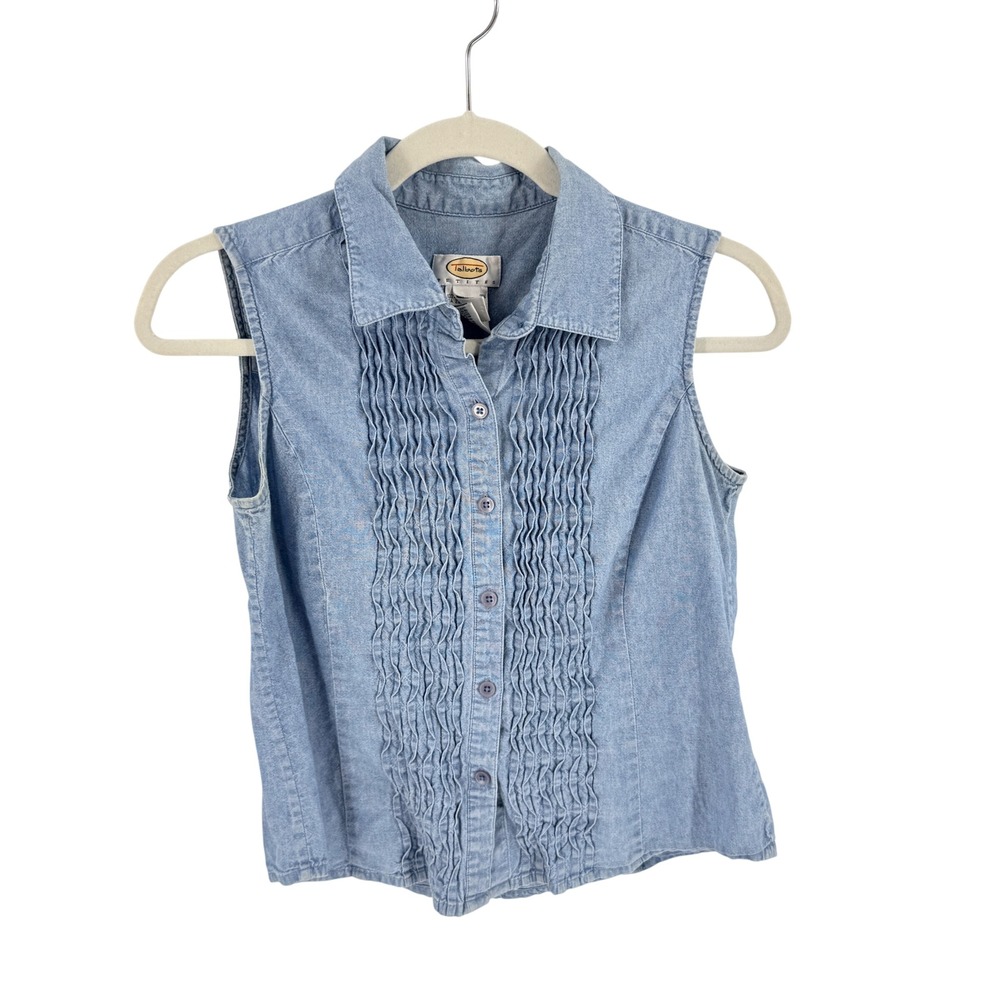 Vintage Talbots Sleeveless Denim Top Blue Small Petites Ruffle Pintuck